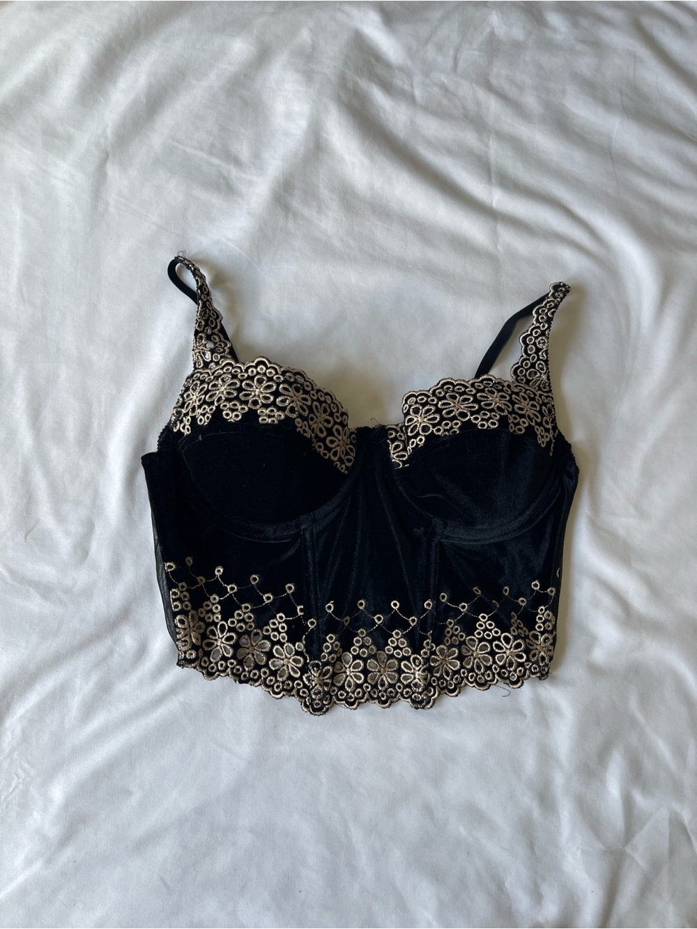 Victoria's Secret Black Bra Top with Gold Floral Embroidery